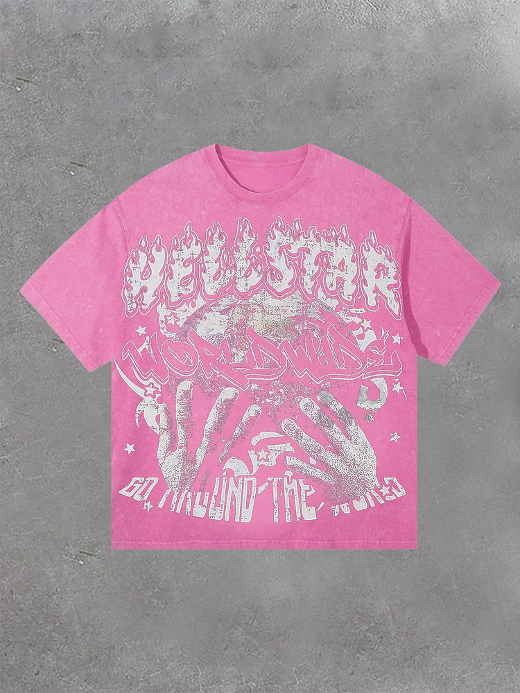 Vintage Hellstar Worldwide Graphic Casual Acid Washed Short Sleeve T-Shirt
