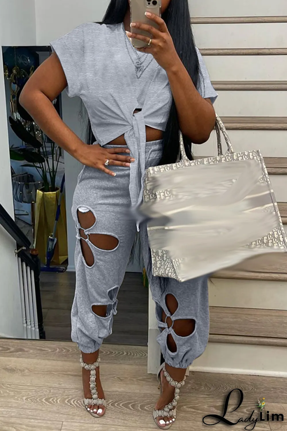 Grey Casual Solid Ripped O Neck Short Sleeve Two Pieces