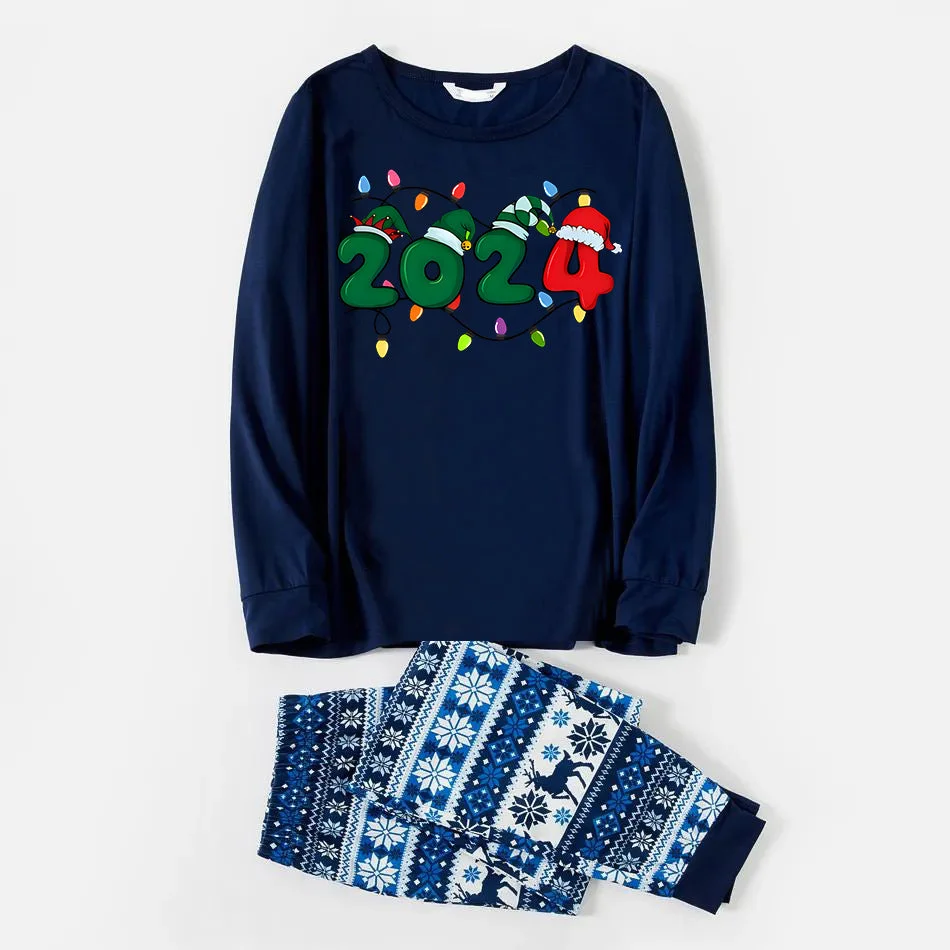 Christmas "2024" Letter Print Blue Family Matching Pajamas With Dog bandana