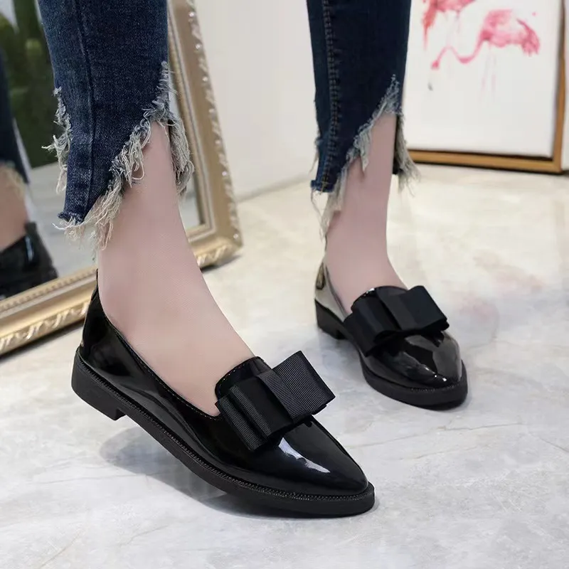 Breakj Breakj Korean Version Of The Bow Tip Casual Low Single Shoes Women's Flat Base Simple Socket Commuting Women's Leather Shoes