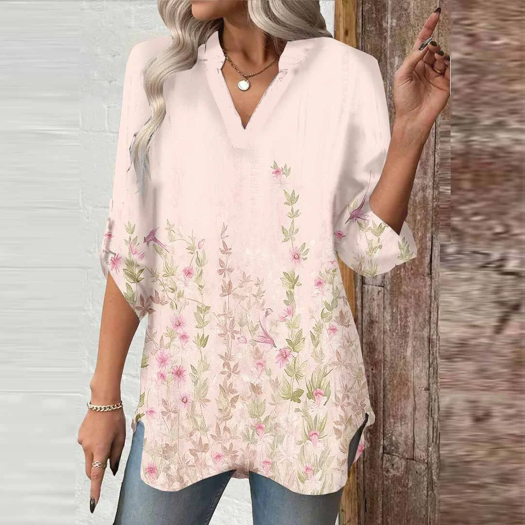 Women Floral,Pink,Green DZGA0619 3/4 Sleeve V-neck Printed Graphic Button Tops