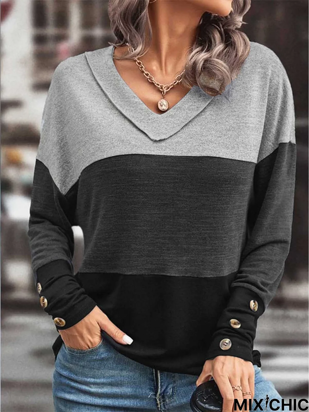 Casual V neck Loose Loose Long sleeve T-Shirt