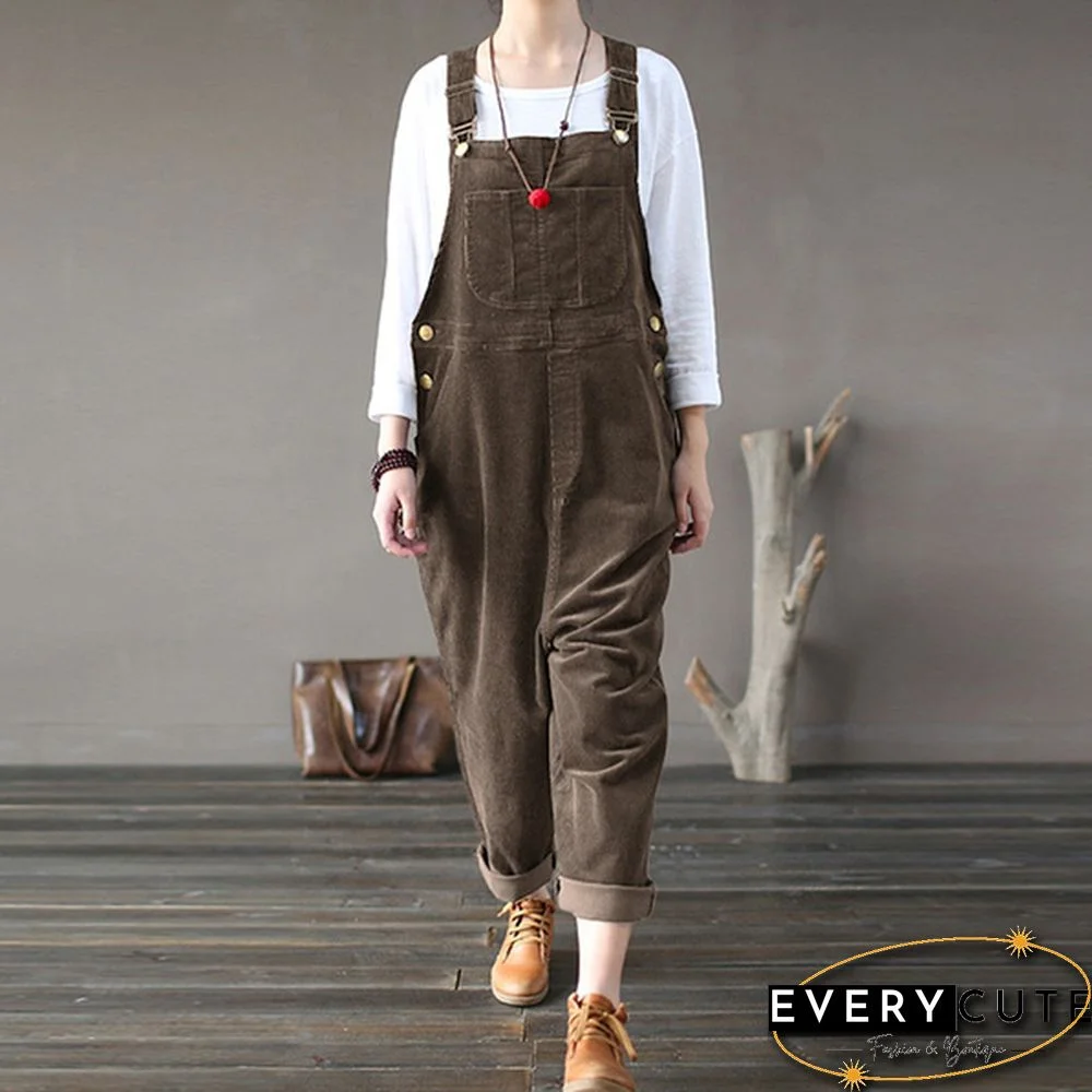 Plus Size Vintage Women Corduroy Overalls Dungarees Solid Color Bib Pants Sleeveless Jumpsuits Harem Pants