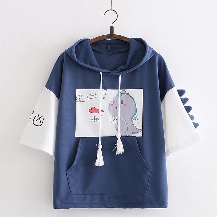 Cute Dinosaur Print Drawstring Hooded T-shirt - Modakawa Modakawa
