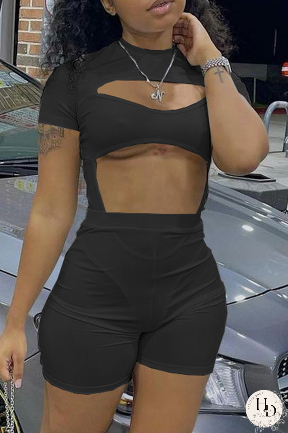 Khaki Sexy Solid Hollowed Out Half A Turtleneck Short Sleeve Two Pieces