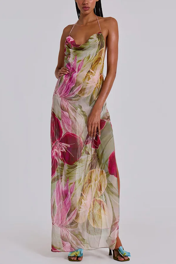 Floral Print Sexy Backless Slit See-Through Holiday Maxi Dress