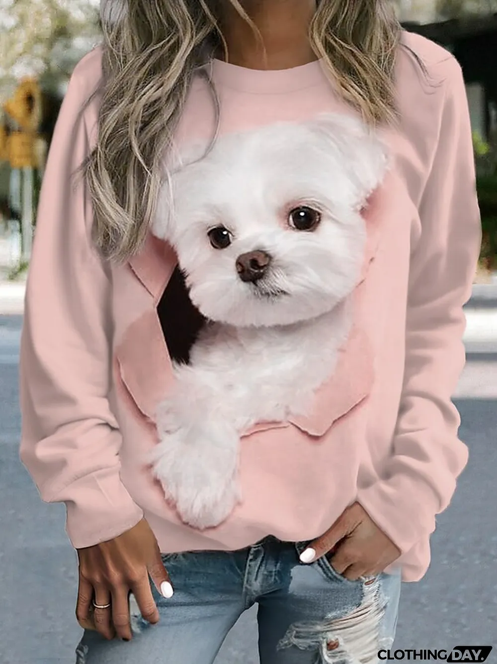 Women's Sweatshirt Pullover Dog Casual Sports Print Pink Blue Purple Sportswear Funny Round Neck Long Sleeve Micro-elastic Fall & Winter