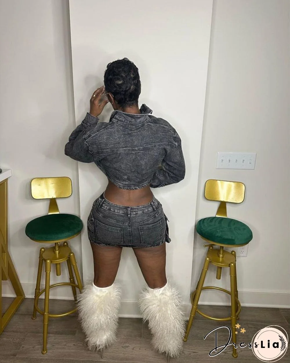 Denim Long Sleeve Jacket Mini Cargo Skirt Sets