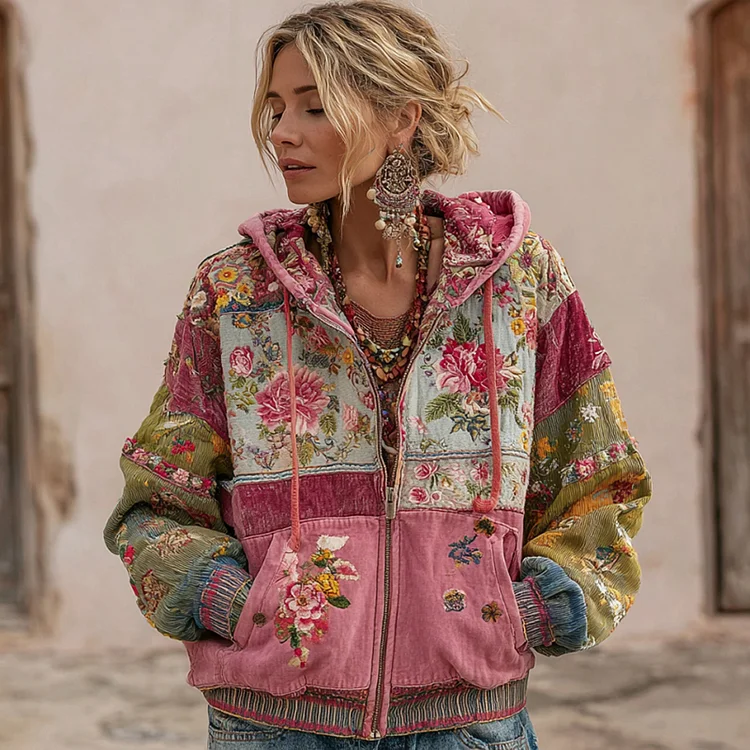 Women's Vintage Floral Embroidery Patchwork Art Zipper Hoodie