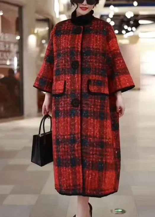 Red Plaid Pockets Woolen Winter Coat O Neck
