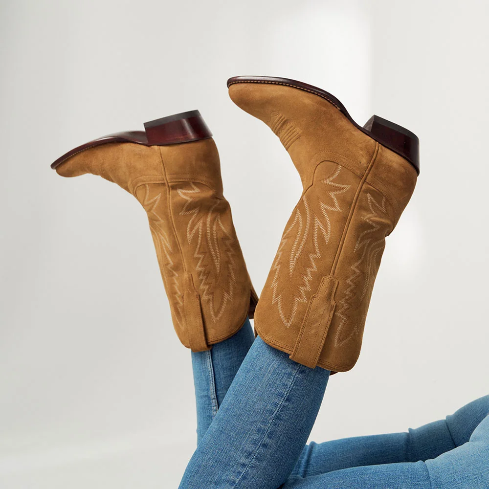 Vegan Suede Chunky Low Heel Mid Calf Stitching Cowgirl Boots in Tan