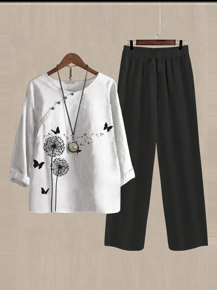 Women's Round Neck Short Sleeve Floral Printed Top Trousers Two-Piece Set