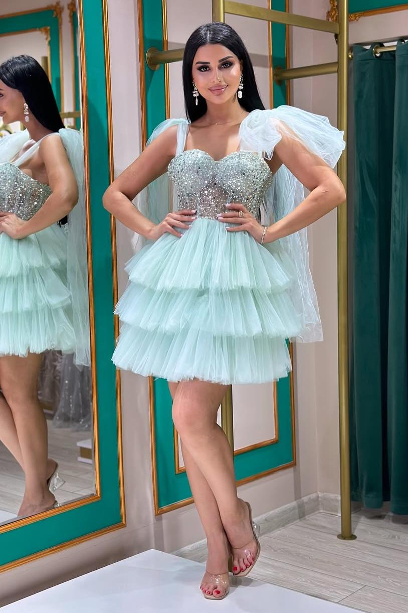 Oknass Straps Sweetheart Sleeveless Short Prom Dress With Sequins Tulle