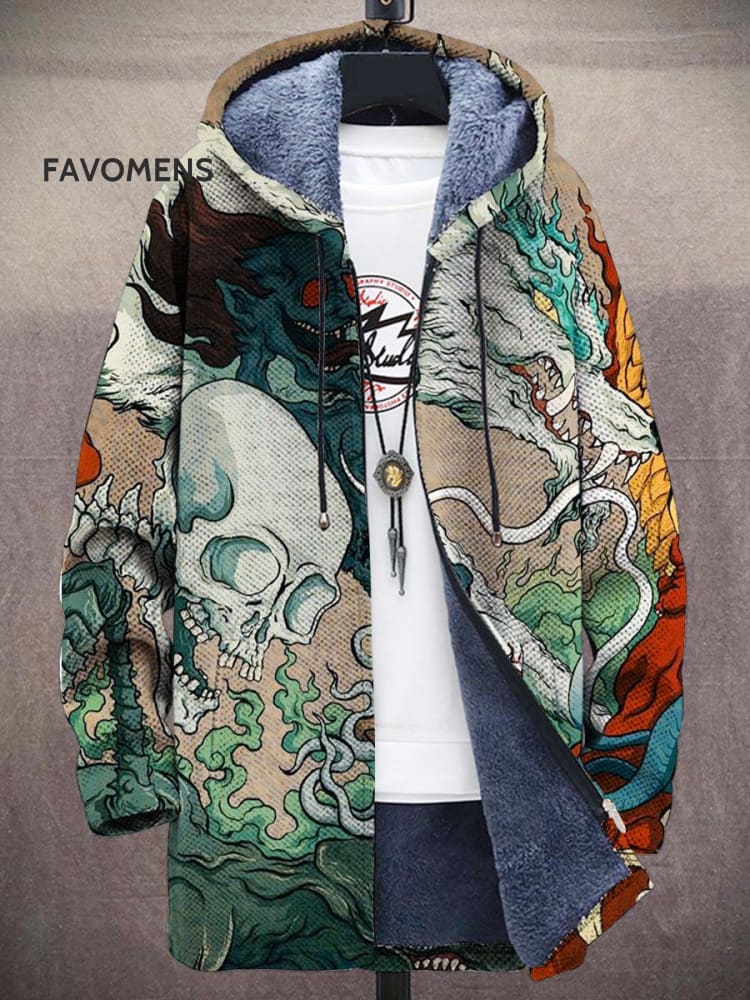 Unisex Plush Thickened Retro Japanese Monster Skull Printed Long Sleeve Cardigan Sweater Jacket