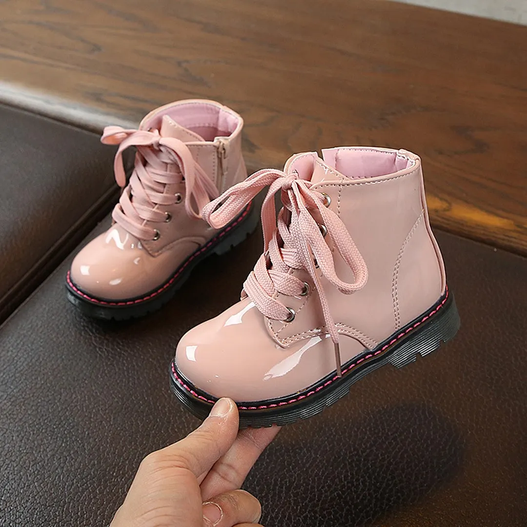 Toddler Girls Boys Martin Boots, Fashion Side Zipper Lace-Up PU Leather Non-Slip Ankle Boots