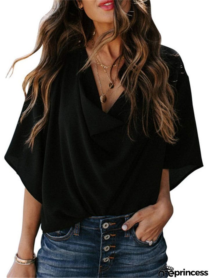 Feminine Flowy Style Cowl Neck Half Sleeve Lightweight Chiffon Pullover Tops