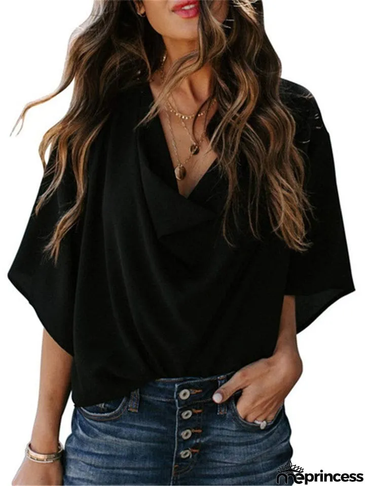 Feminine Flowy Style Cowl Neck Half Sleeve Lightweight Chiffon Pullover Tops