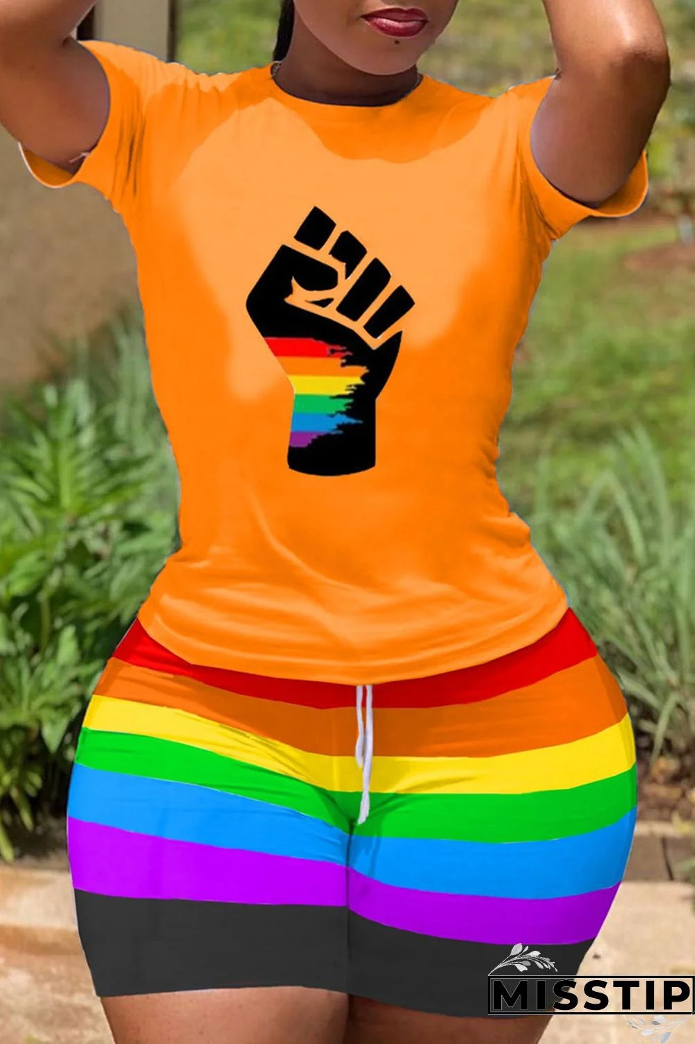 Yellow Fashion Casual Print Basic O Neck Short Sleeve Two Pieces