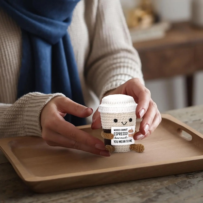 Tegooe Handmade Crochet Cat Doll with Positive Message Card - Desktop Ornament Gift by Tegooe