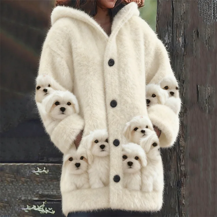 Fuzzy Maltese Dogs Art Cozy Knit Hooded Cardigan