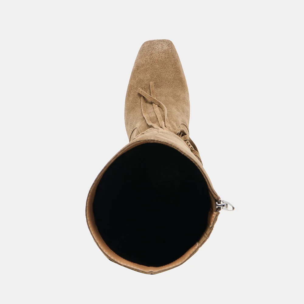 Olive Vegan Suede Square Toe Fringe Side Zipper Tall Boots for Women