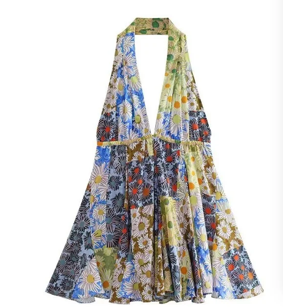 Nigikala Nigikala Women's Explosive Print Collar With Bare Back Hanging Neck Dress