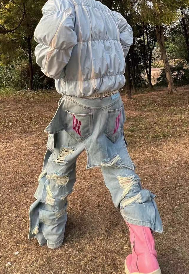 Gamezelite Y2k Jeans Blue for Women Ripped Patchwork Baggy Cargo Pants Hip Hop Punk High Waisted Denim Trousers Harajuku Casual Streetwear