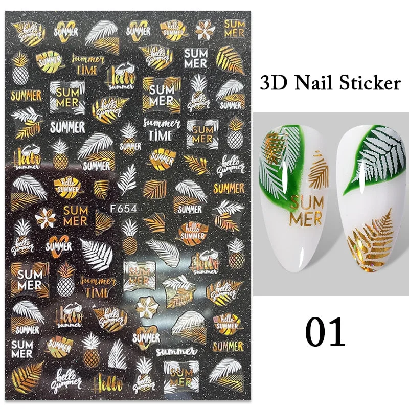 1PC iridescent Gold Black White 3D Nail Sticker Leaves Geometric Tropical Beach Decals DIY Slider Decoration Manicures