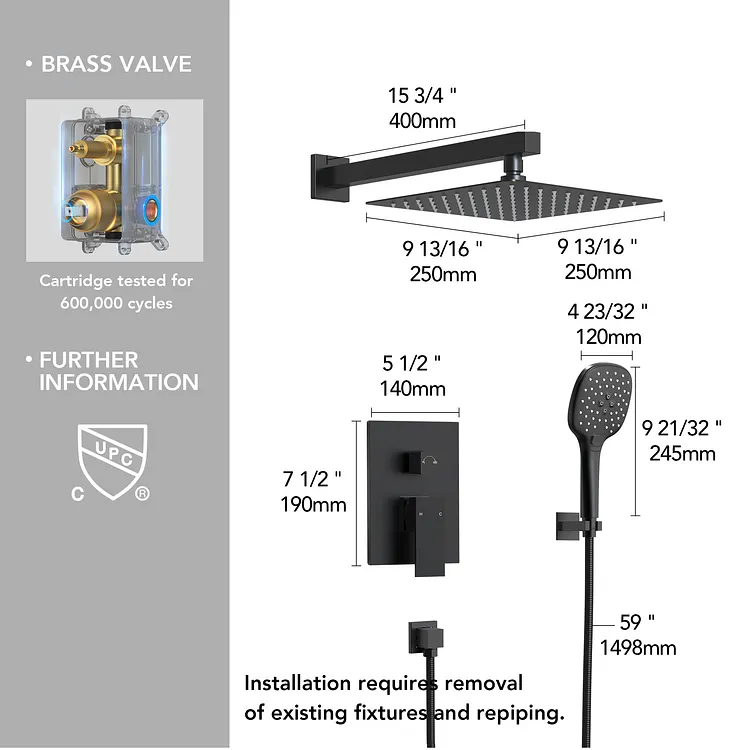 Wall Mount Rainfall Shower System in Matte Black M6646BI-10BL