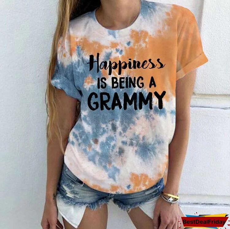 Cute Happiness Is Being A Grammy Printed T-Shirts For Women Short Sleeve Funny Round Neck Tee Shirt Casual Summer Tops