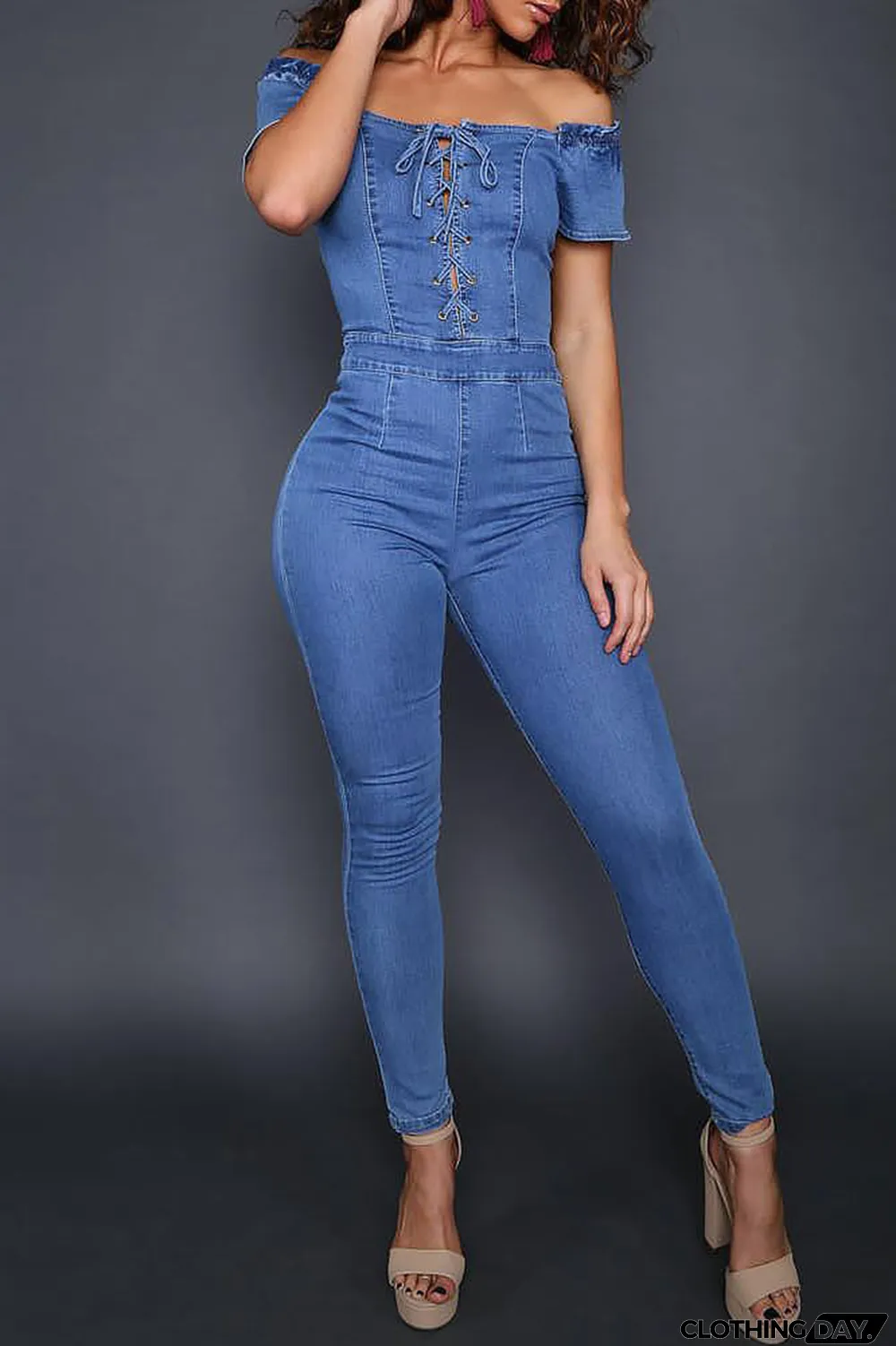 Blue Fashion Casual Solid Backless Off the Shoulder Regular Jumpsuits