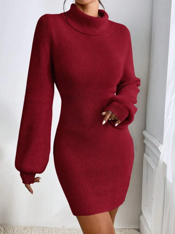 Nigikala Nigikala Women's Sweater Dress Stylish Simple Thin Knitted High-Necked Solid-Colored Knitted Dress