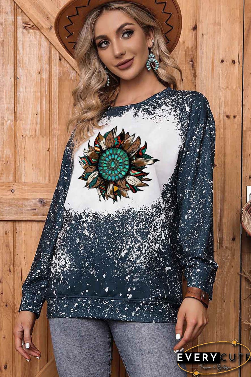 Tie-dyed Sunflower Print Long Sleeve Pullover Sweatshirt