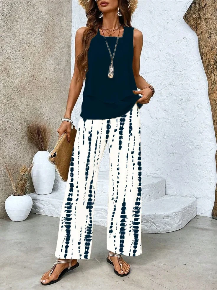 Women's Sleeveless Square Collar Striped Graphic Printed Casual Set