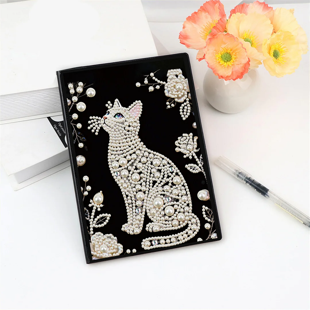 Flowers and Cat Partial Pearl DIY 50 Pages A5 Diamond Painting Notebook Special Shaped Diamond Art Diary Book Kits Wireless Strip 5D Crystal Art Paintings Sketchbook for Art Drawing