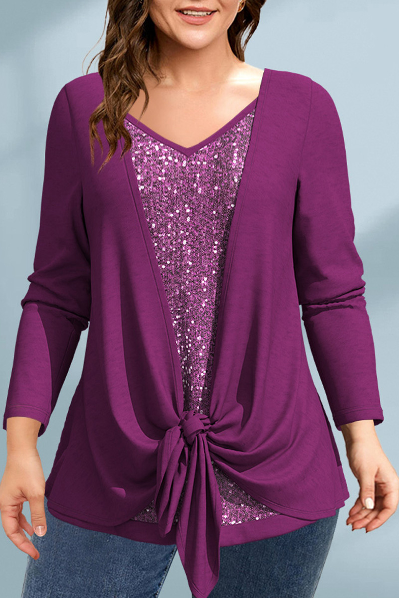Flycurvy Plus Size Casual Purple Sparkly Sequin Kink Fake Two Piece Blouse