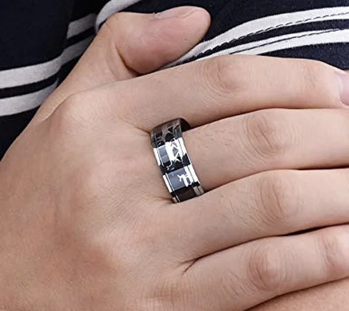 6MM 8MM Tungsten Men's Hunting Ring Deer Crossing Wedding Silver Tungsten Bands with Deer Silhouette over Wood