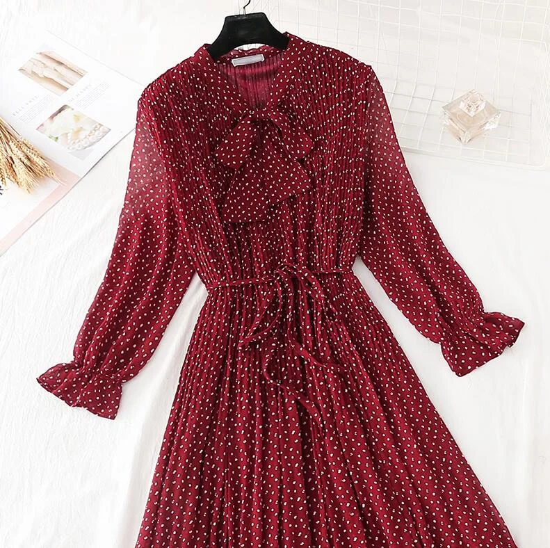 2020 Elegant Women Dress Vintage Bow Polka Dot Print Loose Midi Dress Female Casual Ruffles Pleated Chiffon Dresses Vestidos