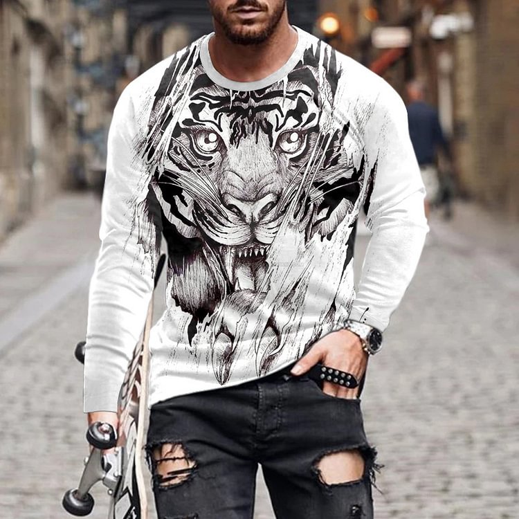 Men's Tiger Print Casual Long Sleeve T-Shirt