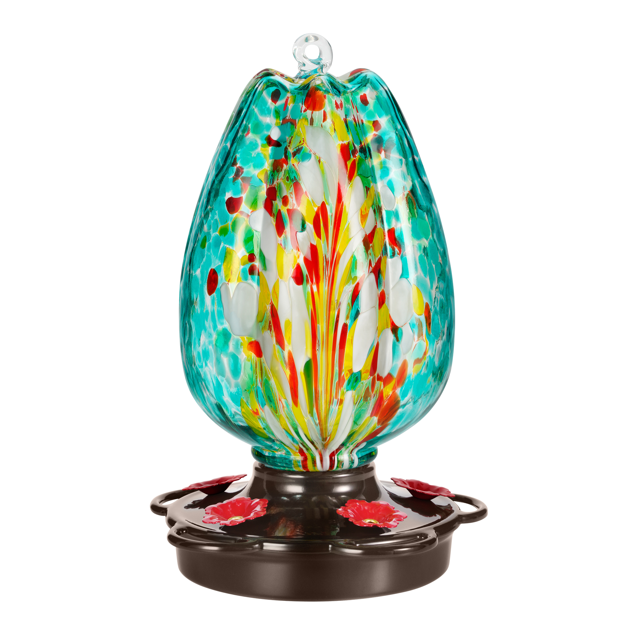 LUJOIN Tulip Shaped Hummingbird Feeder for Outside Hanging, Hand Blown Glass, 28 fl.oz, Leak Proof & Rustproof, Includes an Ant Moat, Metal Cover with 5 Feeding Ports, Teal