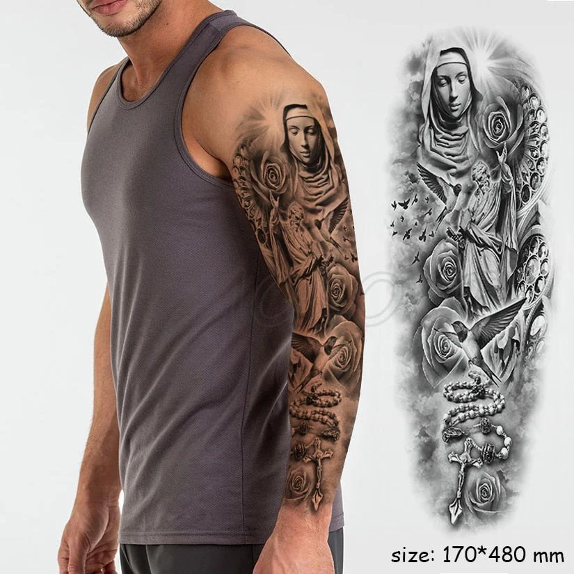 Waterproof Temporary Tattoo Sticker Full Arm Large Virgin Cross Tatoo Stickers Flash Fake Tattoos for Men Women