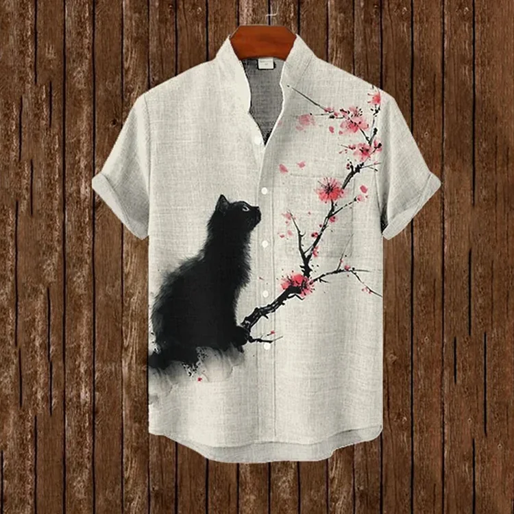 Men's Black Cat Plum Blossom Print Casual Pocket Shirt