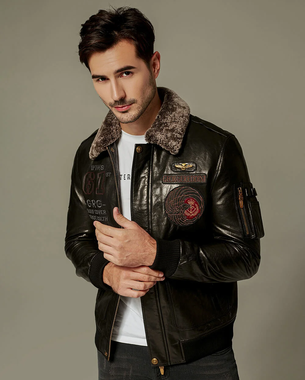 Black Fur Collar Goatskin Bomber Motorcycle Jacket
