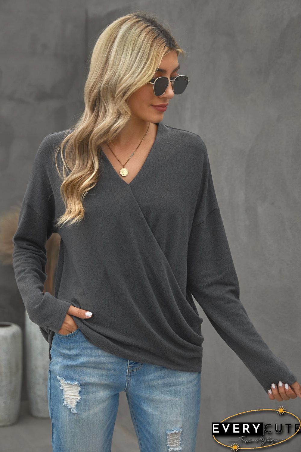 V-Neck Wrap Front Irregular Twist Hem Long Sleeve Top