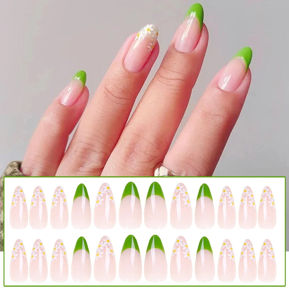 24pcs Point Head False Nails Tips Press On Nail with Heart Print Design Girl DIY Nail Patch Removable French Style Fake Nails-Nail Inspo