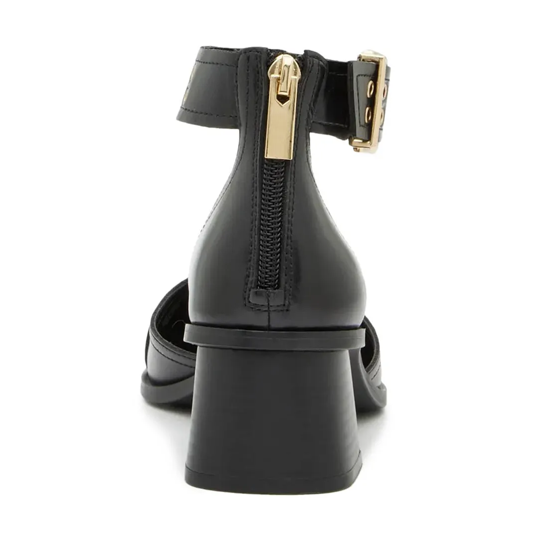 Vegan Leather Block Heel Grommet Ankle Strap Pumps Shoes in Black
