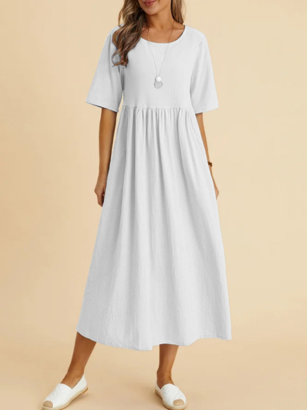 Mature Women Summer Loose Round Neck Half Sleeve Midi Dress