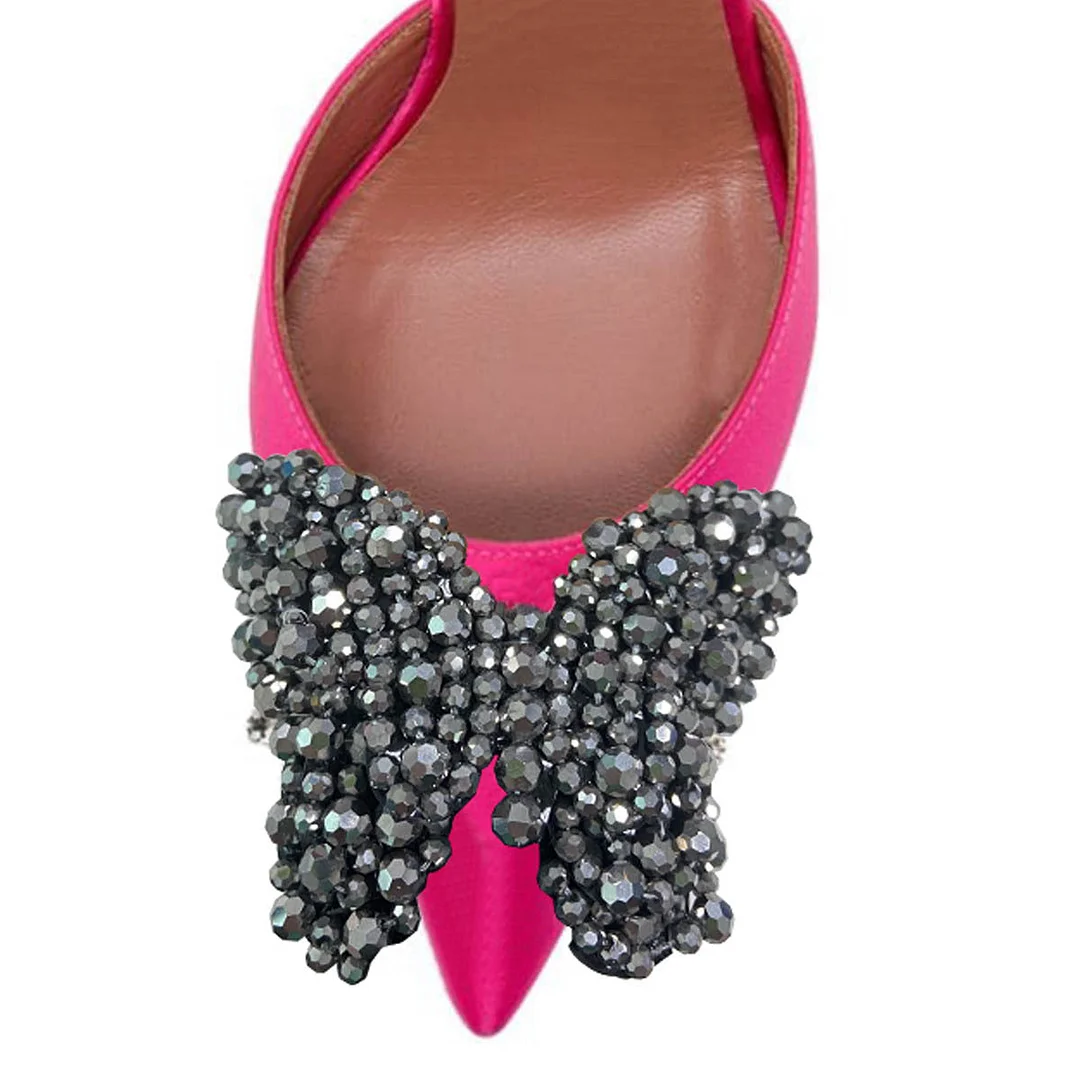 Fuchsia Satin Rhinestone Butterfly Pointed Toe Pumps Heels for Women