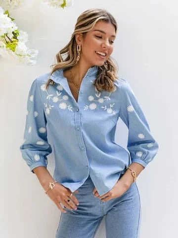 pornhint Pornhint Simplee Denim Light Blue Puff Sleeve Female Blouse Casual Stand Collar Mid-length Sleeve Women Shirt Spring Summer Office Blouse
