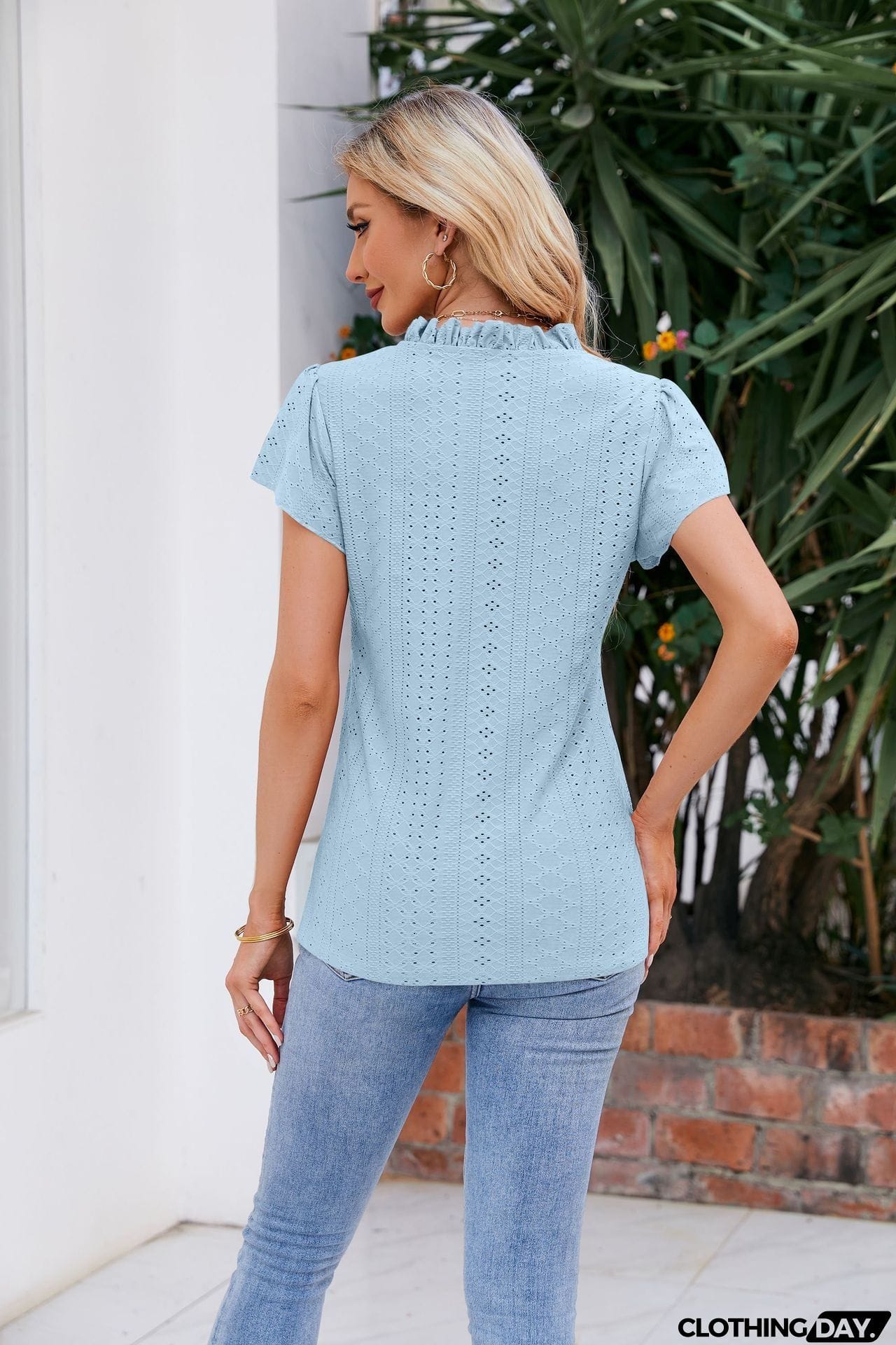 Notched Neck Puff Sleeve Blouse